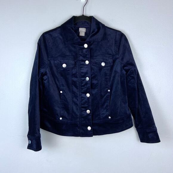 Chico's Velveteen Moto Jacket Navy Zip Button Down Collared Petite 1P 8/10 - Picture 2 of 11